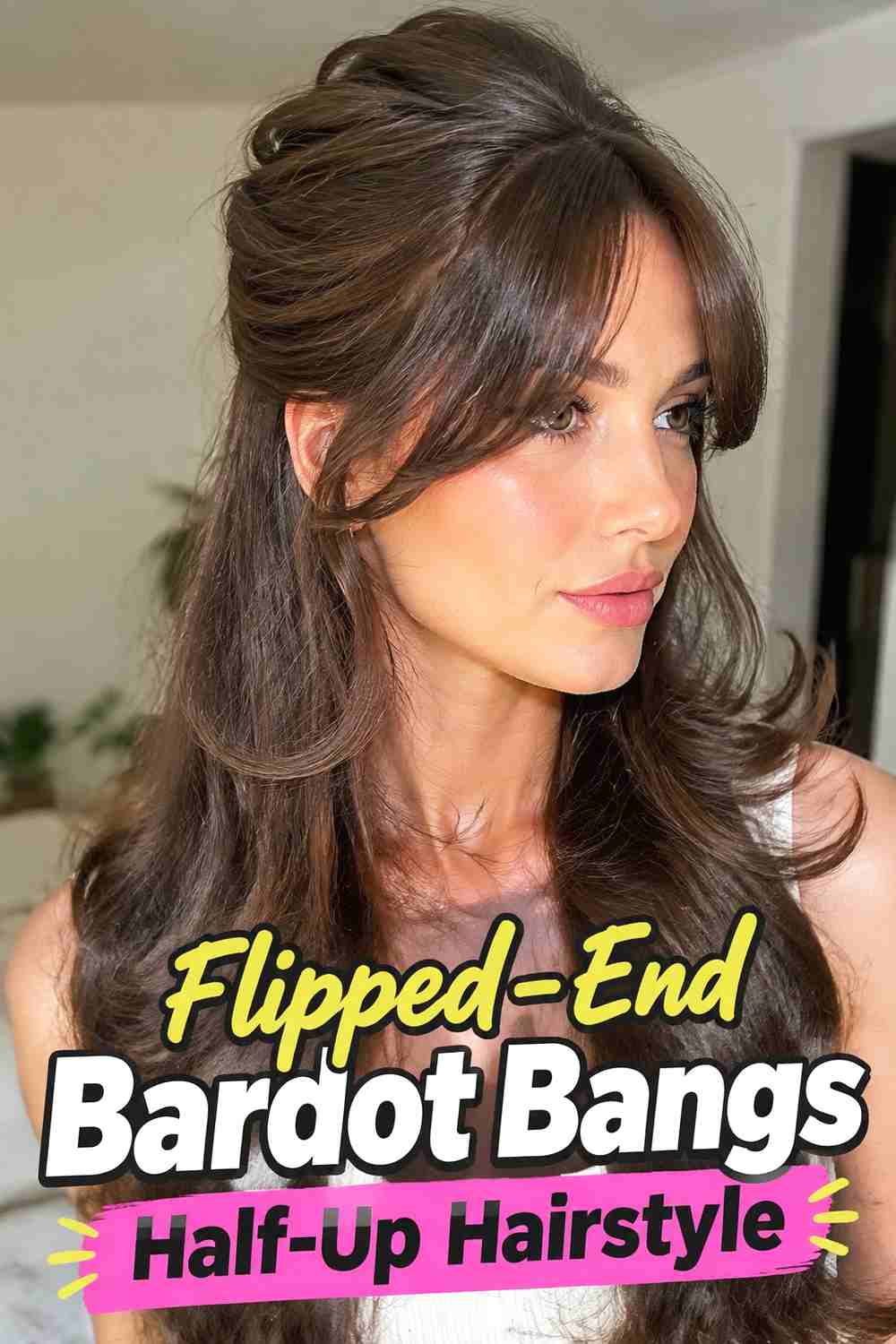 16. Flipped End Bardot Bangs Half Up Hairstyle