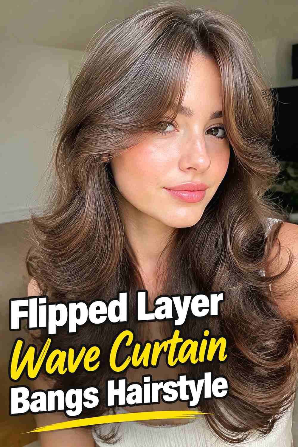 16. Flipped Layer Wave Curtain Bangs Hairstyle