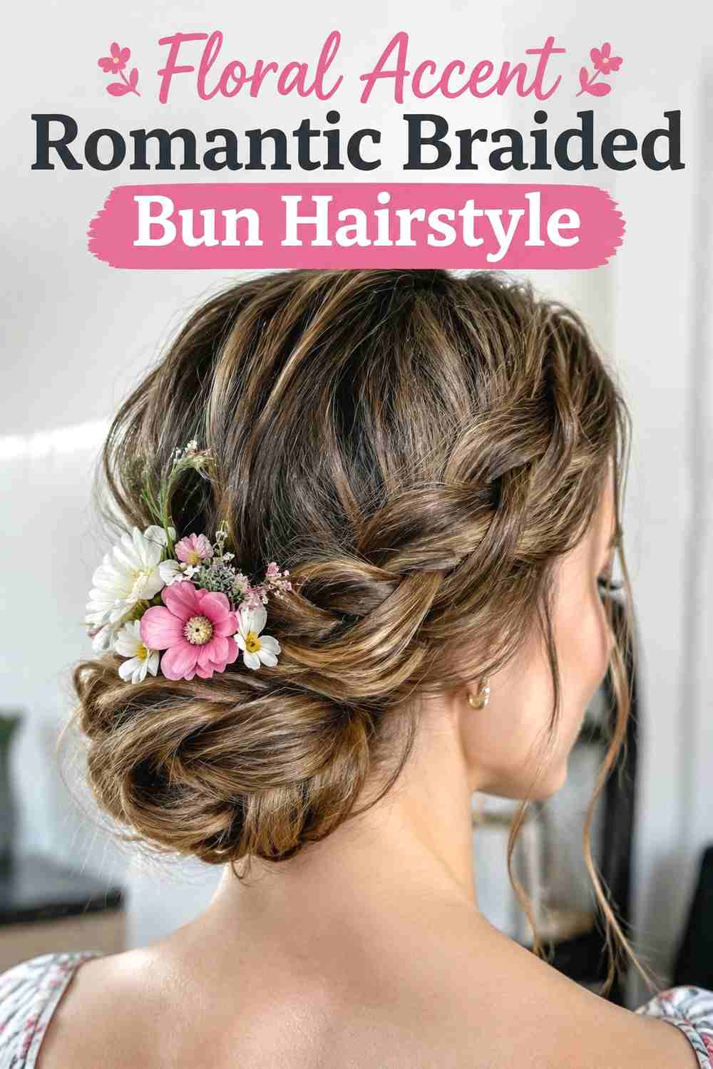 11. Floral Accent Romantic Braided Bun Hairstyle