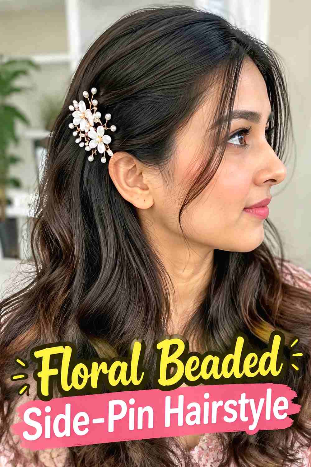 5. Floral Beaded Side Pin Hairstyle