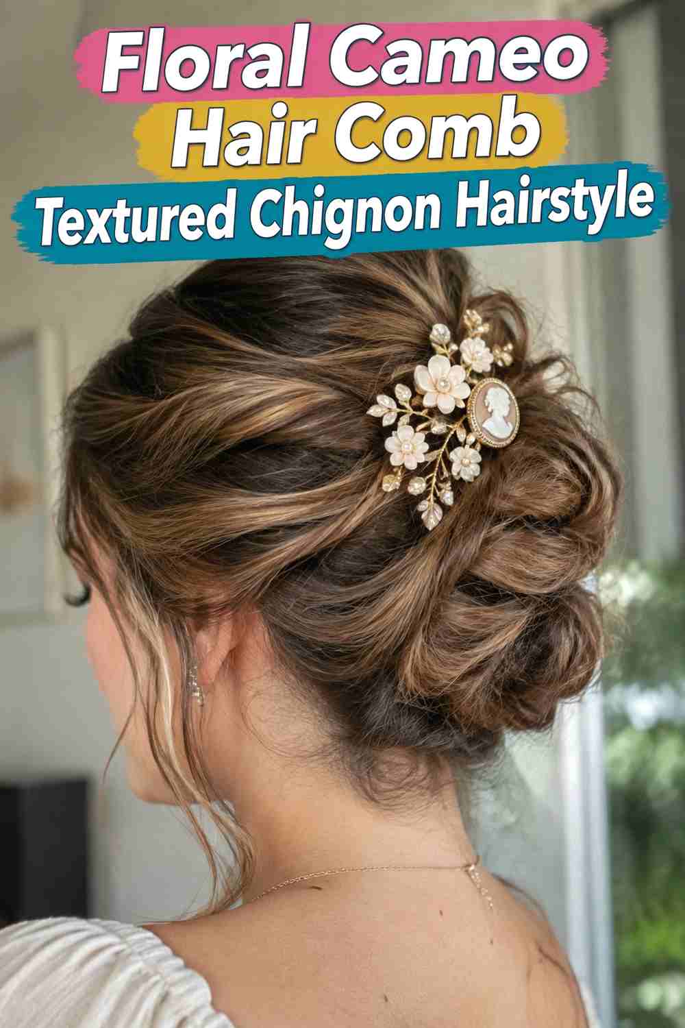 13. Floral Cameo Hair Comb Textured Chignon Hairstyle