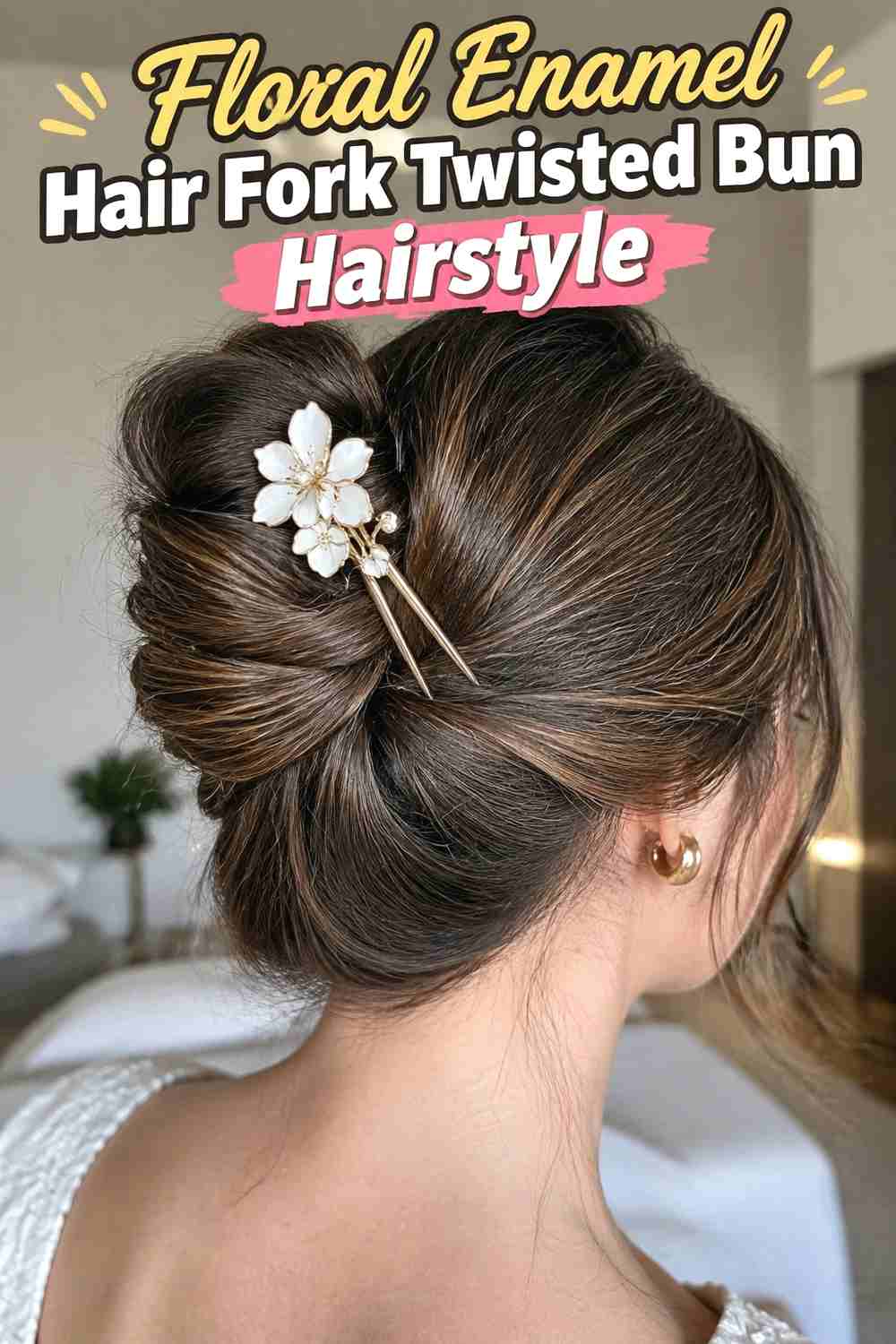 2. Floral Enamel Hair Fork Twisted Bun Hairstyle