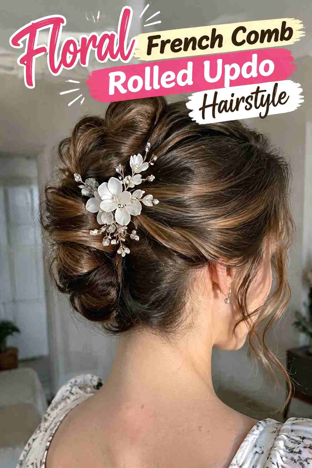 15. Floral French Comb Rolled Updo Hairstyle