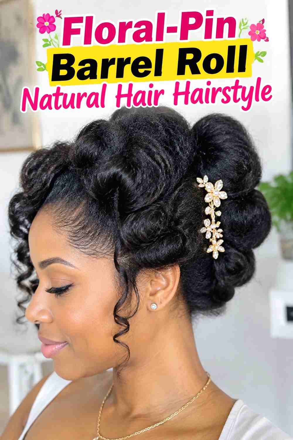 16. Floral Pin Barrel Roll Natural Hair Hairstyle
