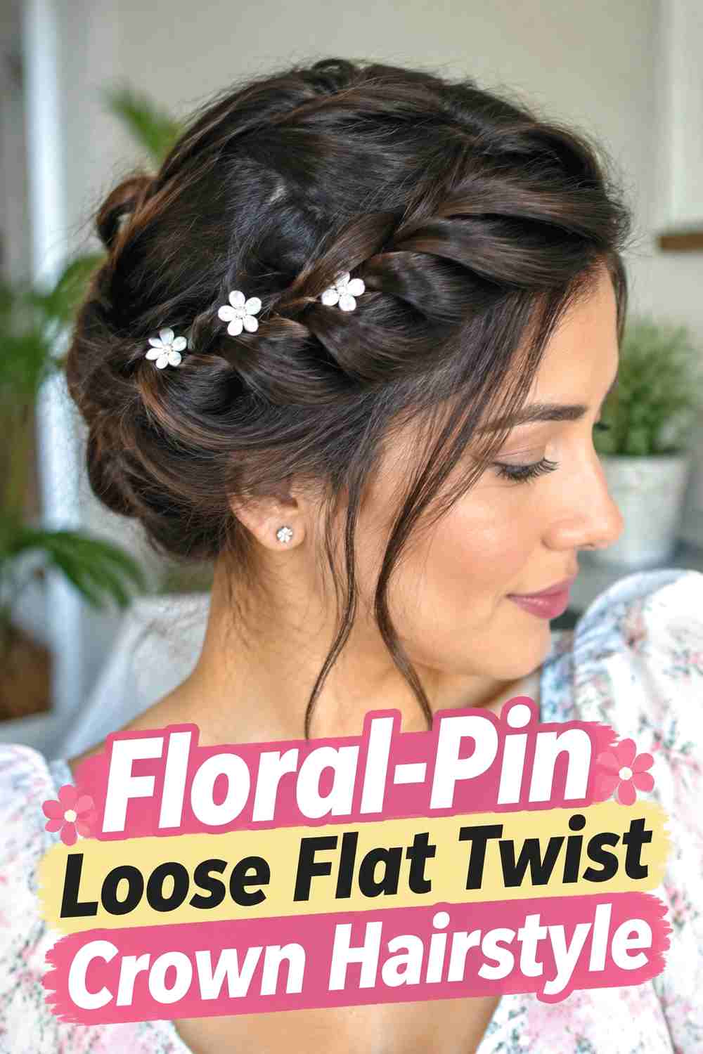 14. Floral Pin Loose Flat Twist Crown Hairstyle