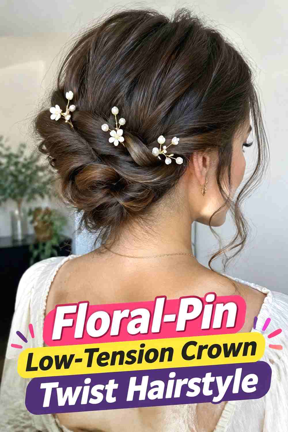 14. Floral Pin Low Tension Crown Twist Hairstyle