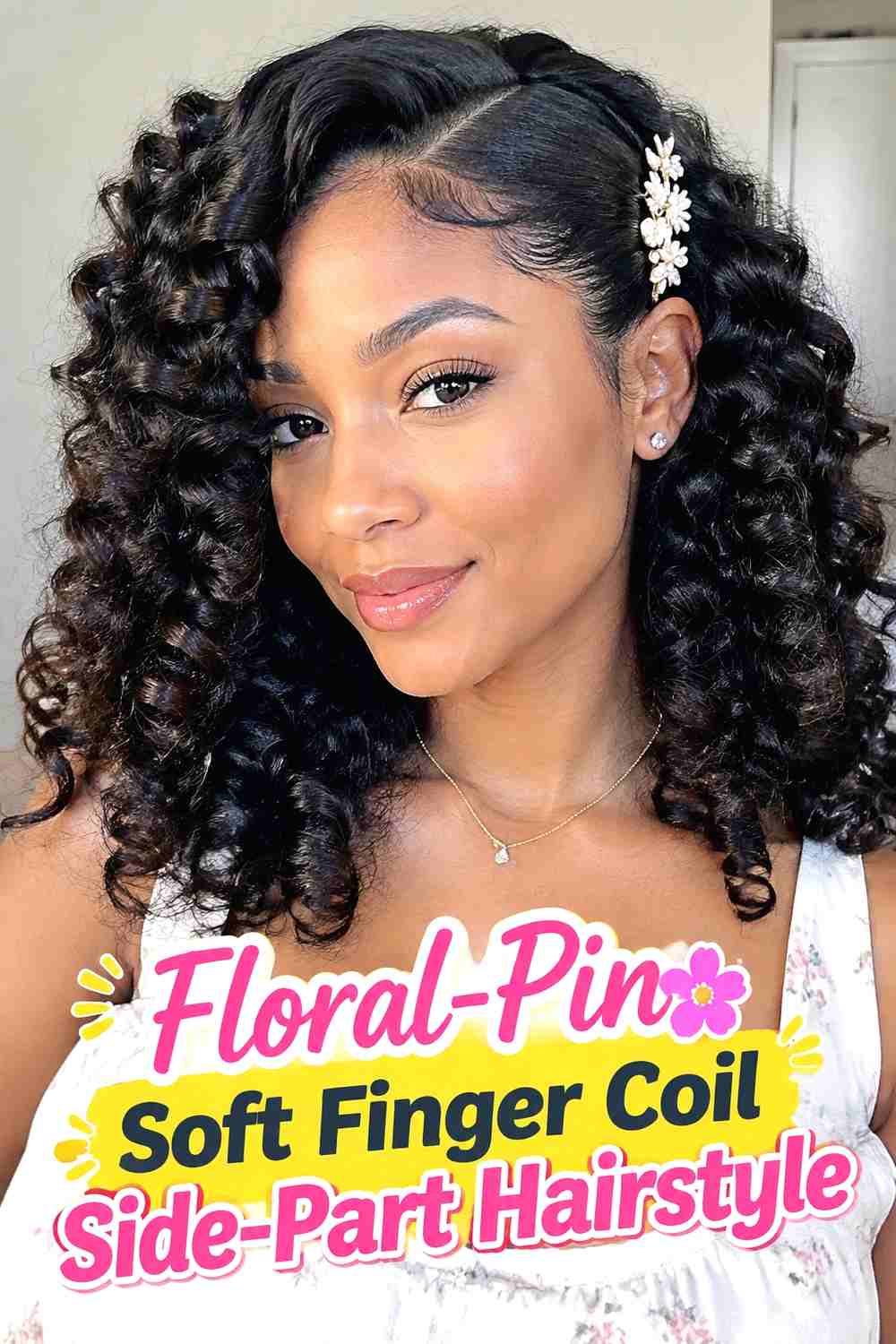 15. Floral Pin Soft Finger Coil Side Part Hairstyle