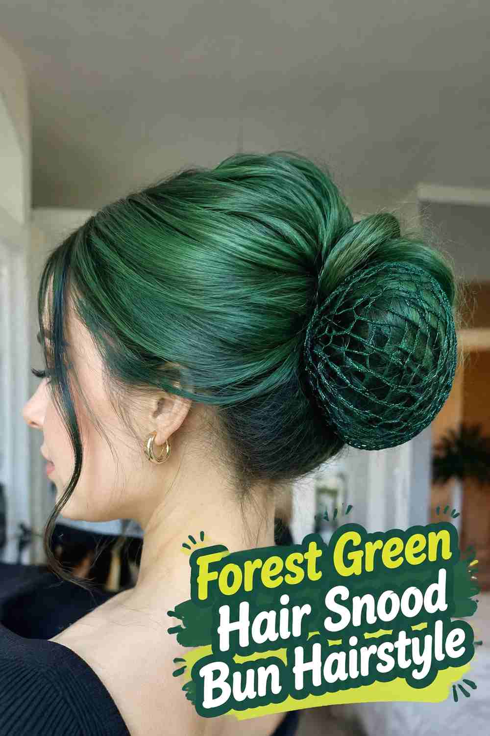 13. Forest Green Hair Snood Bun Hairstyle
