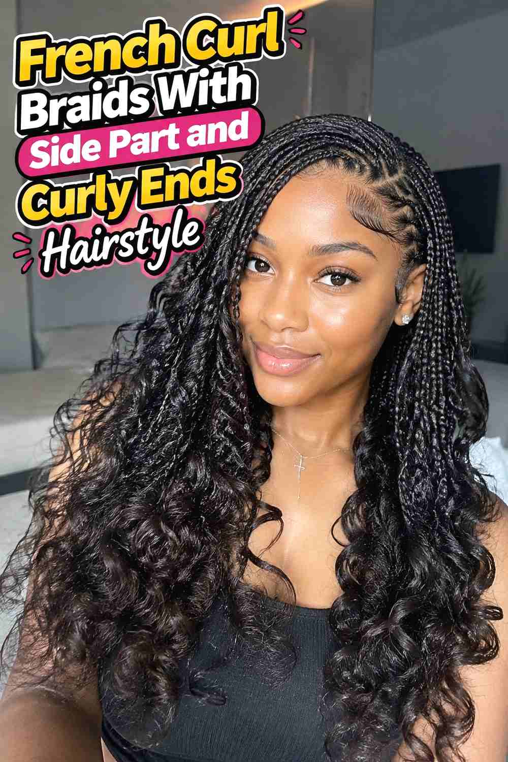 8. French Curl Braids With Side Part And Curly Ends Hairstyle