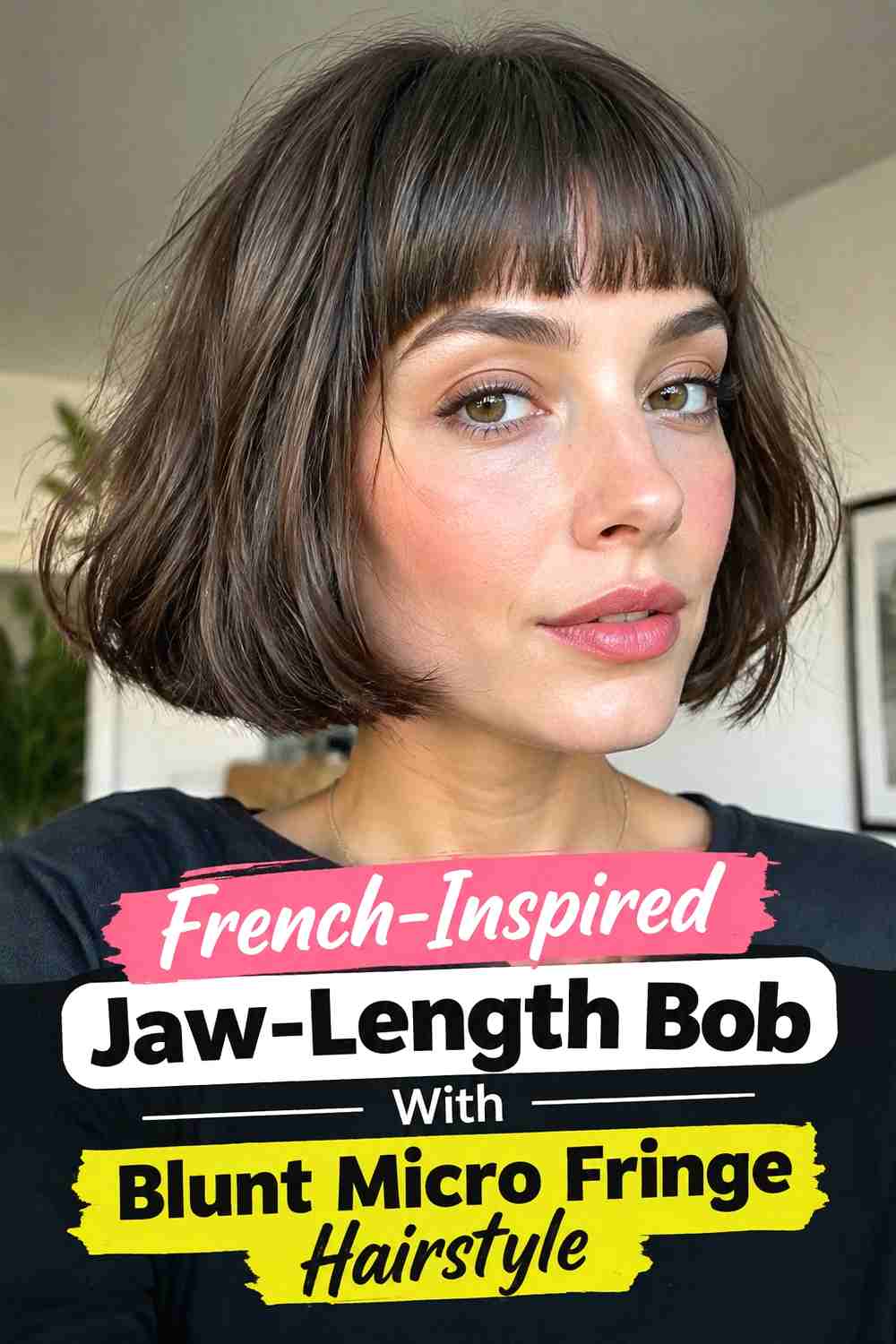 4. French Inspired Jaw Length Bob With Blunt Micro Fringe Hairstyle