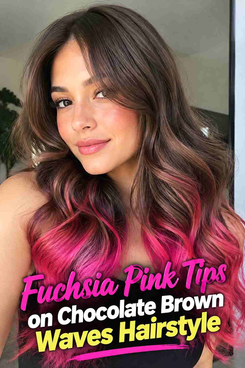 5. Fuchsia Pink Tips On Chocolate Brown Waves Hairstyle