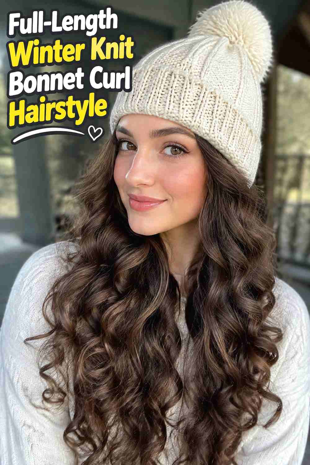 18. Full Length Winter Knit Bonnet Curl Hairstyle