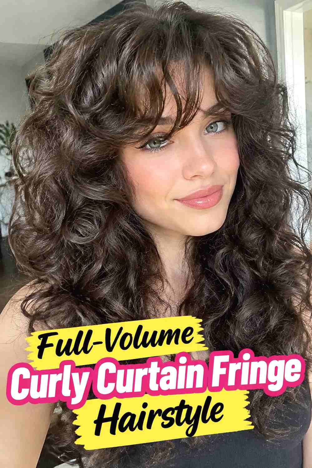 18. Full Volume Curly Curtain Fringe Hairstyle