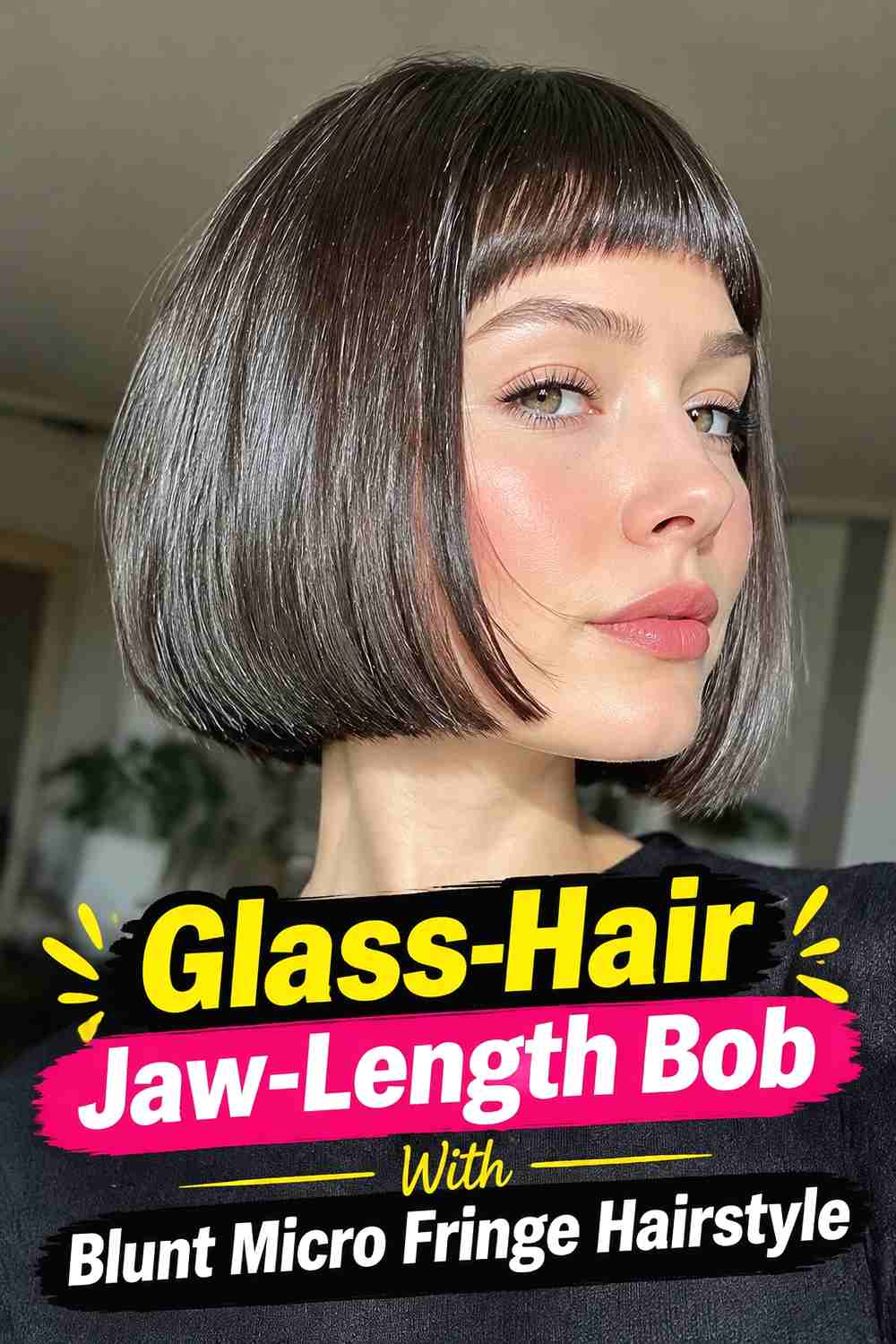 5. Glass Hair Jaw Length Bob With Blunt Micro Fringe Hairstyle