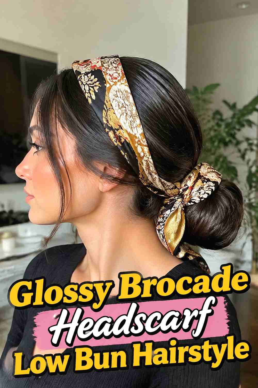 14. Glossy Brocade Headscarf Low Bun Hairstyle