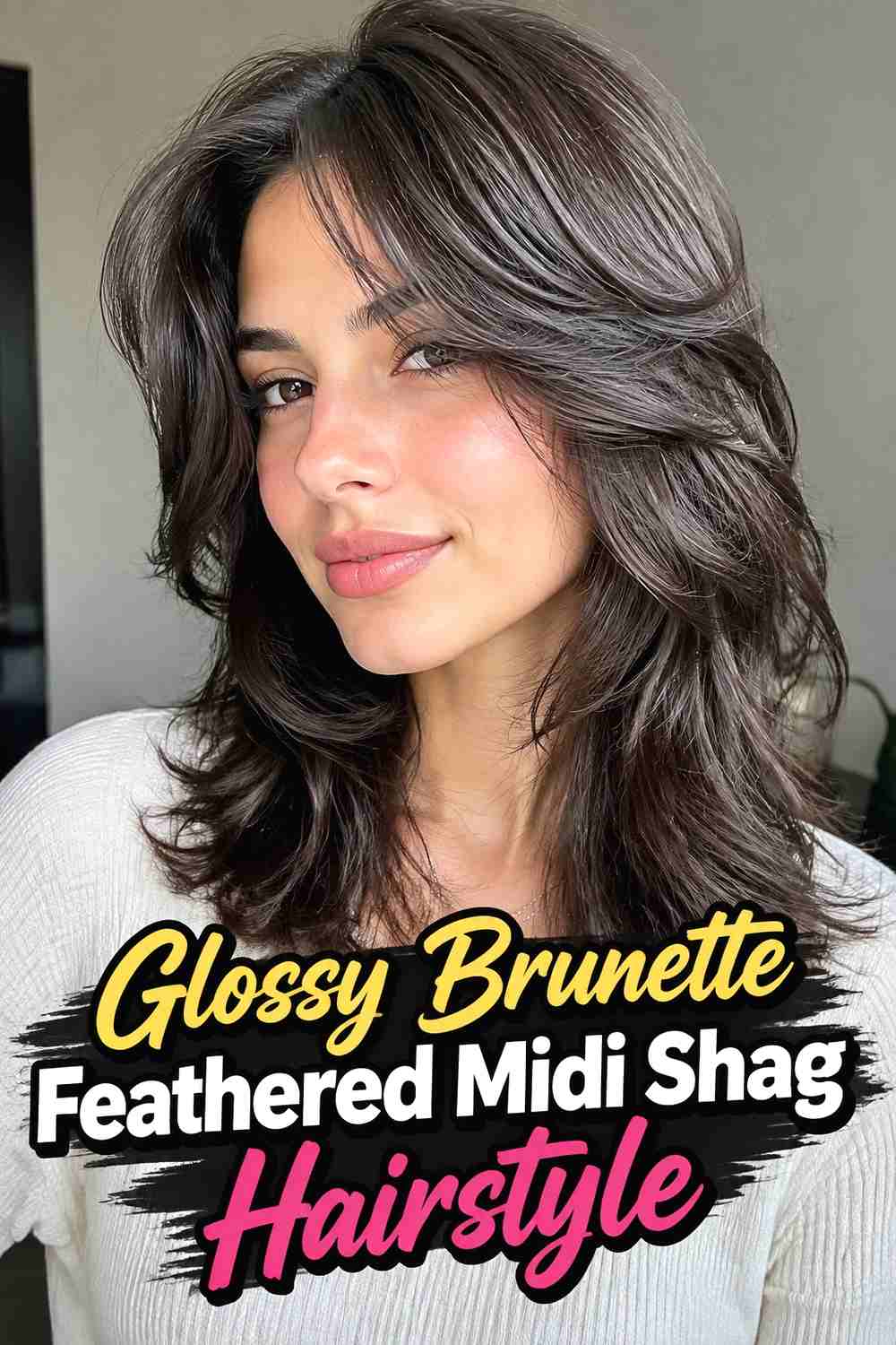 11. Glossy Brunette Feathered Midi Shag Hairstyle