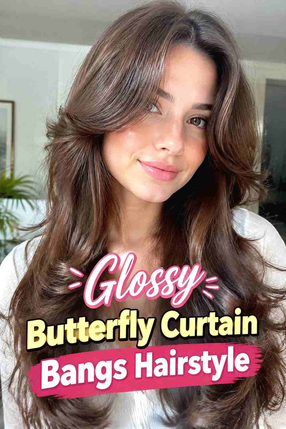 16. Glossy Butterfly Curtain Bangs Hairstyle