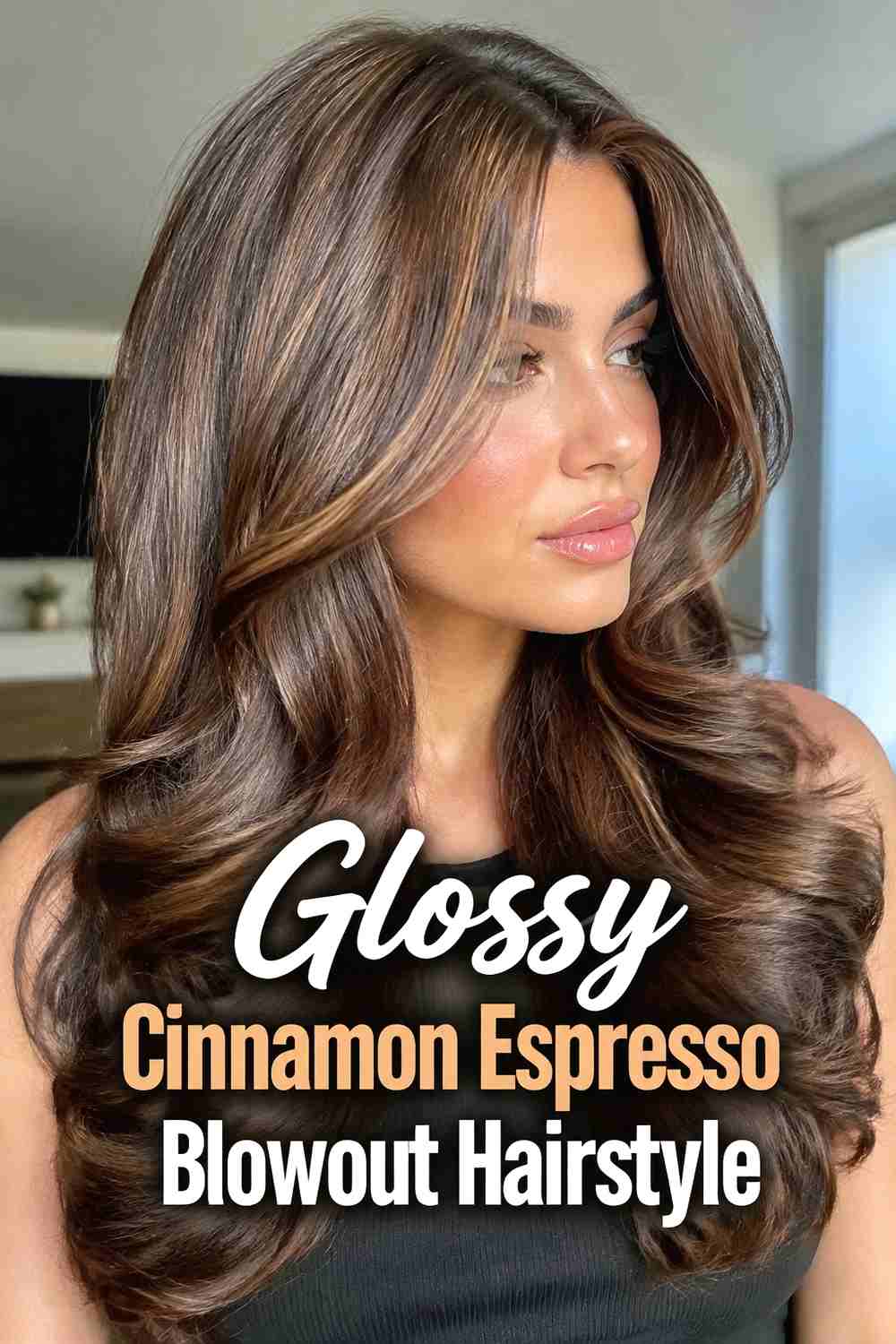 10. Glossy Cinnamon Espresso Blowout Hairstyle