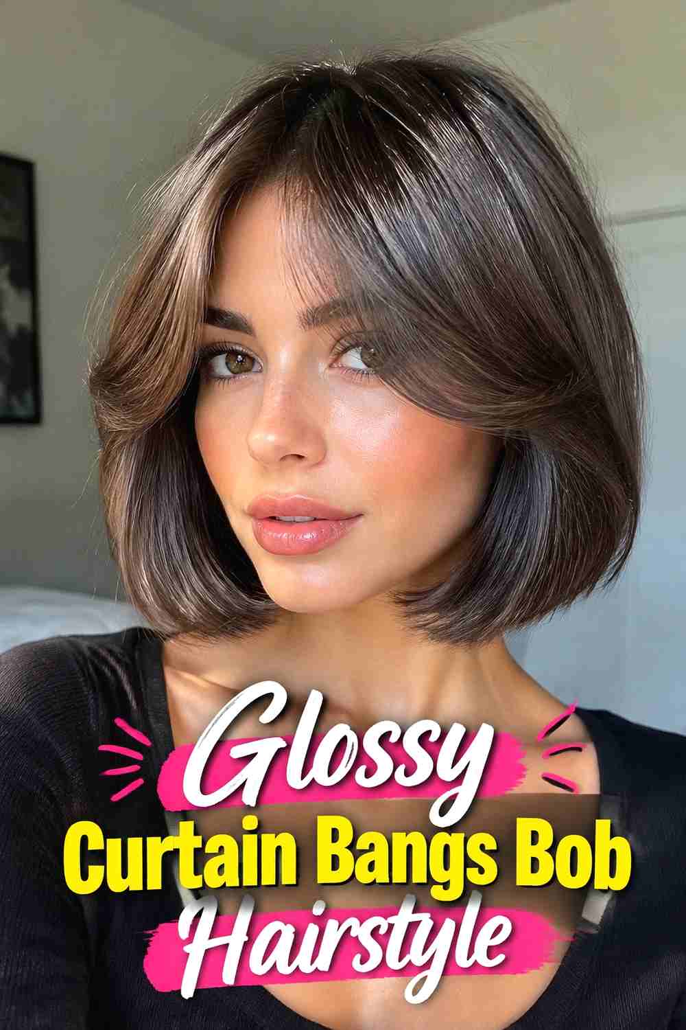 9. Glossy Curtain Bangs Bob Hairstyle
