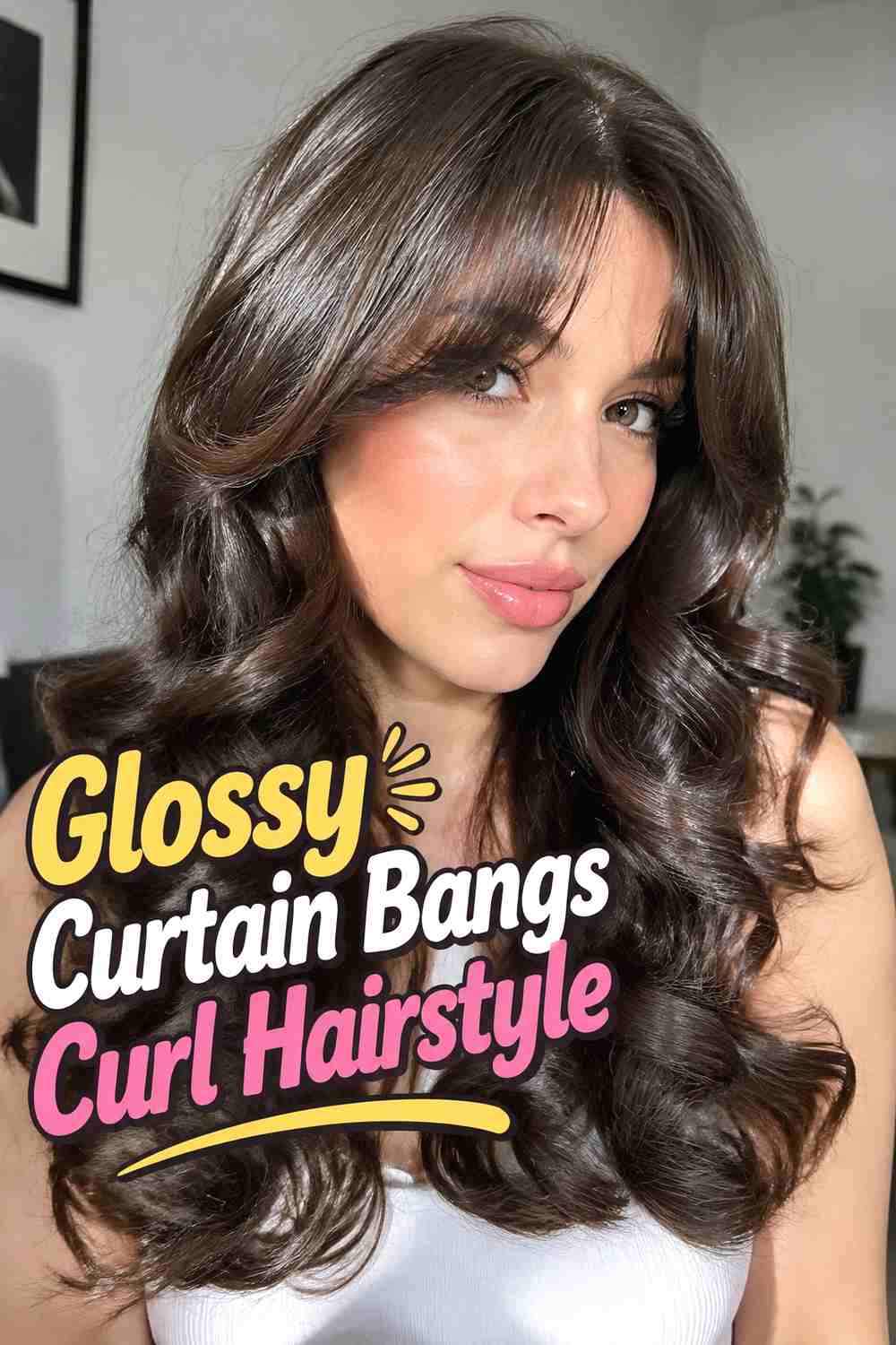 11. Glossy Curtain Bangs Curl Hairstyle