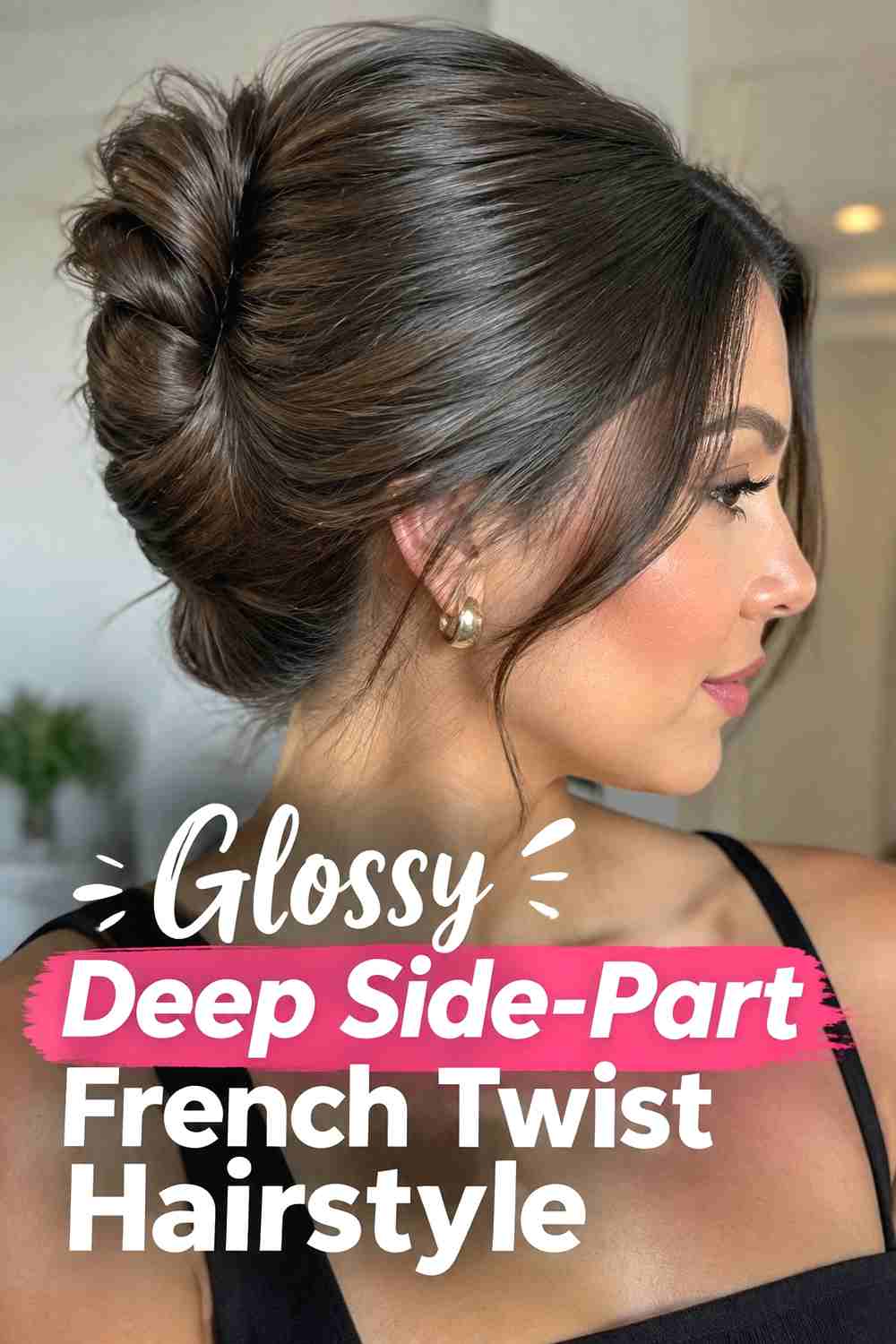 2. Glossy Deep Side Part French Twist Hairstyle
