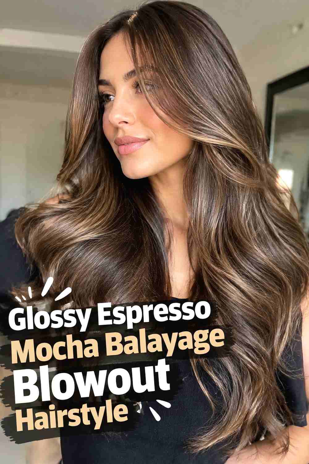 12. Glossy Espresso Mocha Balayage Blowout Hairstyle