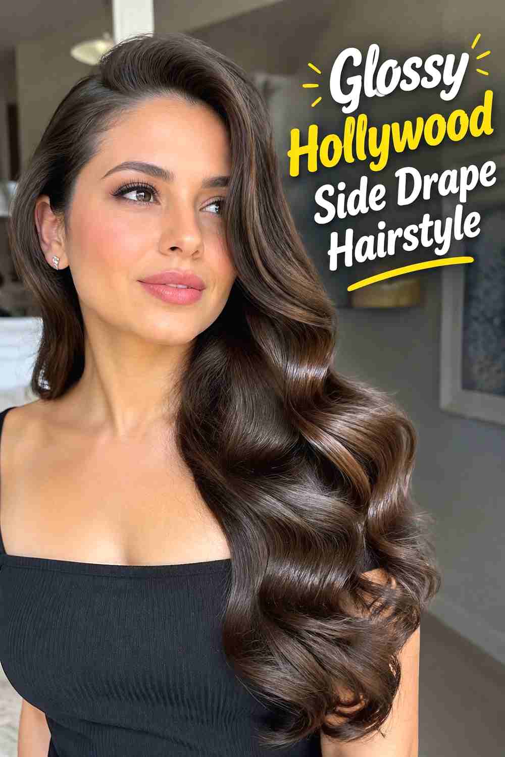 6. Glossy Hollywood Side Drape Hairstyle