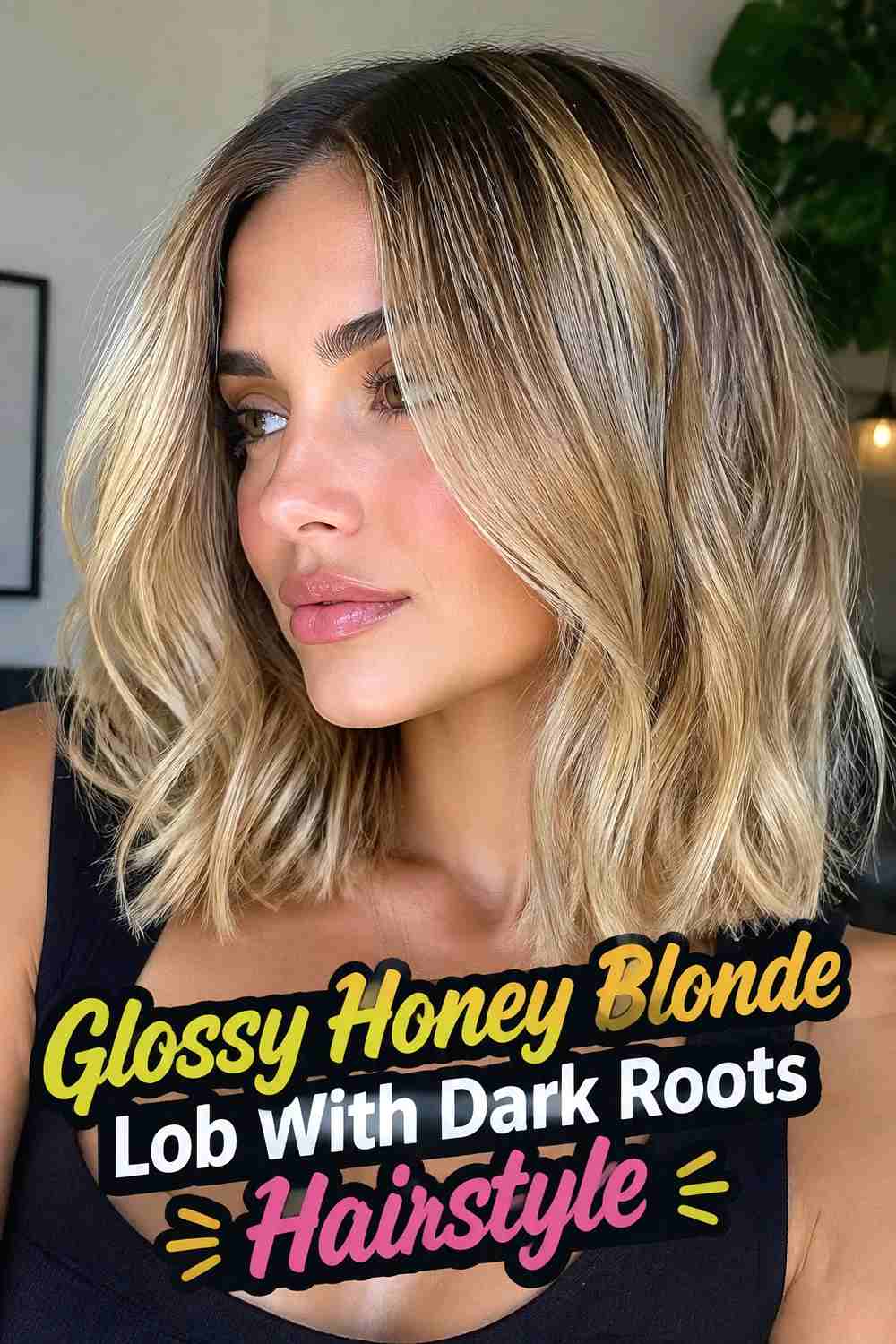 4. Glossy Honey Blonde Lob With Dark Roots Hairstyle