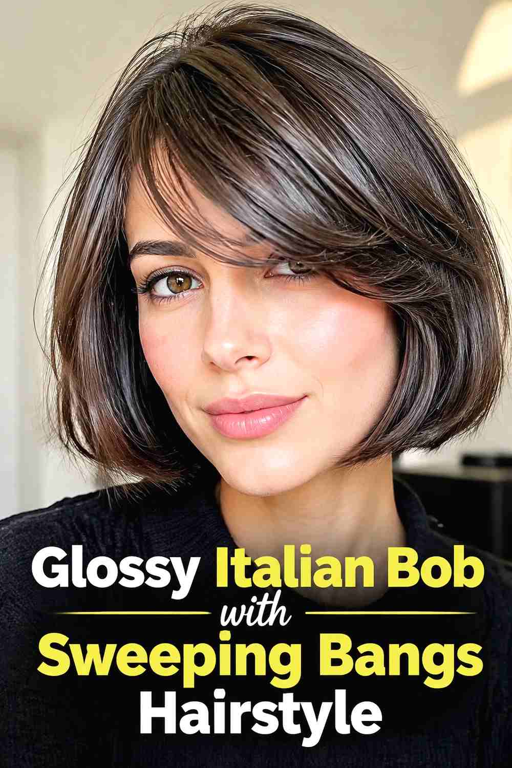 5. Glossy Italian Bob With Sweeping Bangs Hairstyle