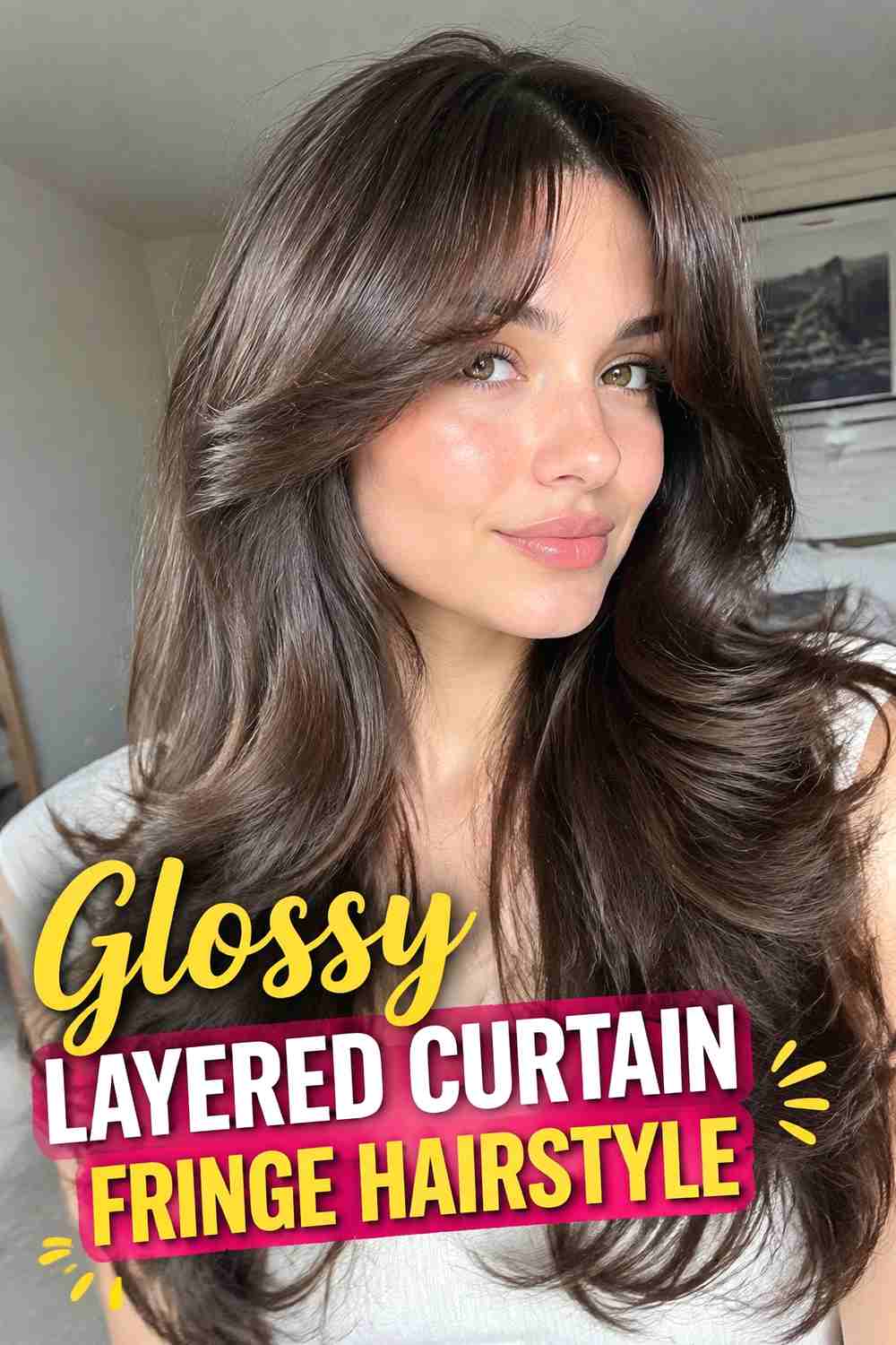 19. Glossy Layered Curtain Fringe Hairstyle
