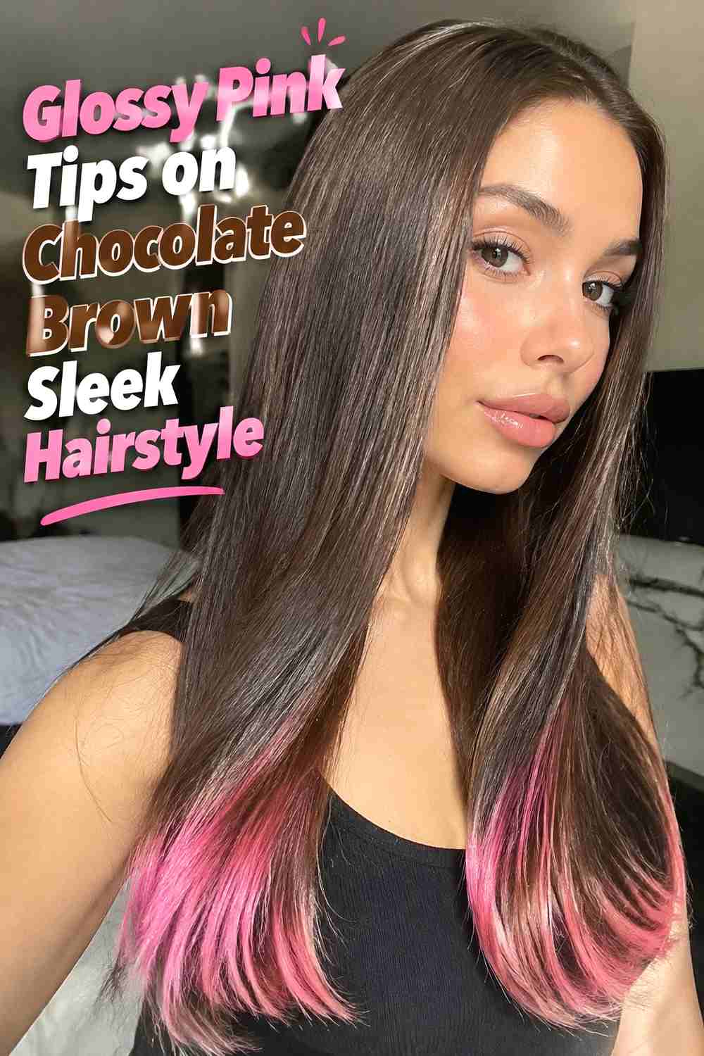 16. Glossy Pink Tips On Chocolate Brown Sleek Hairstyle