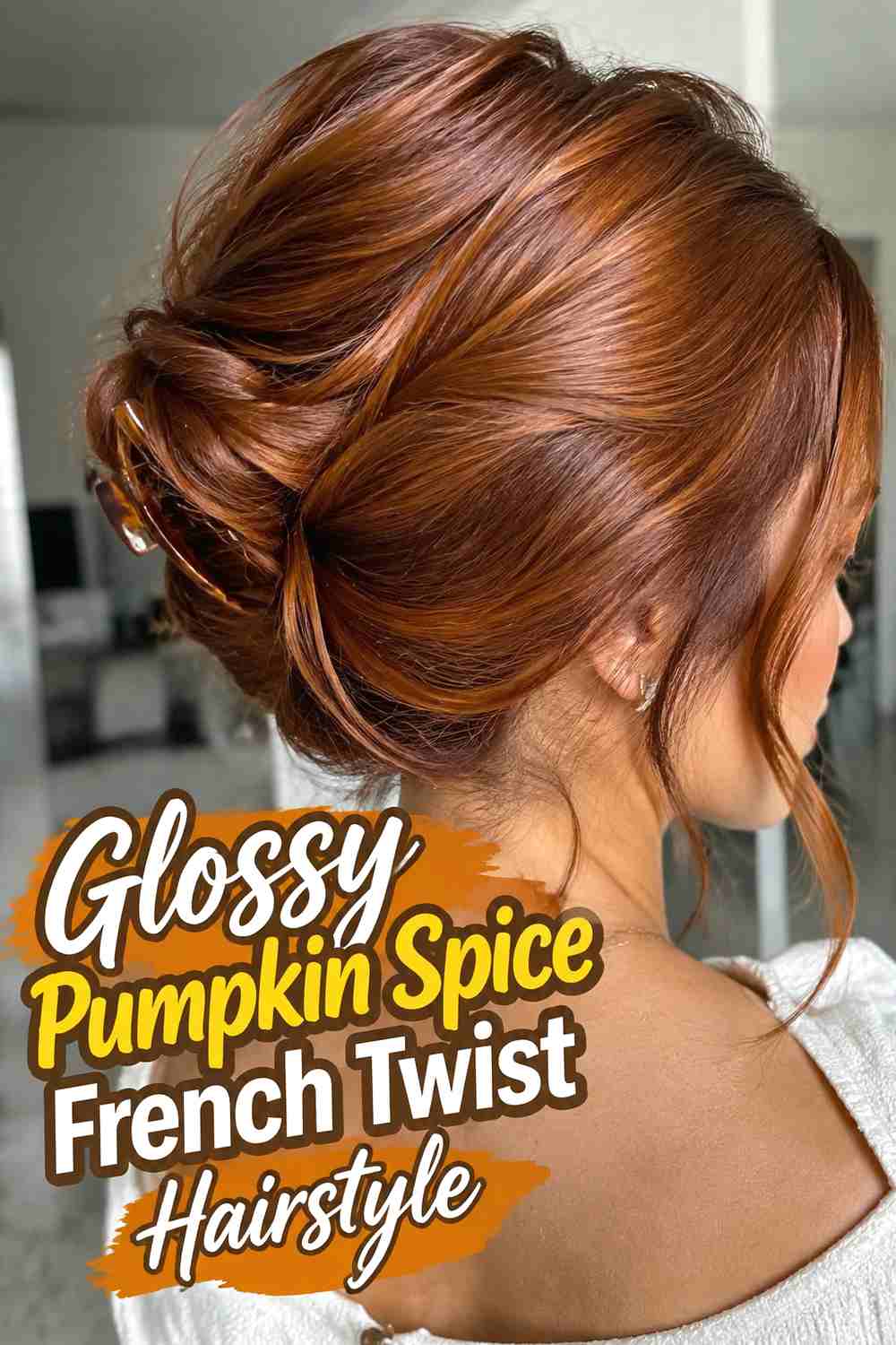 13. Glossy Pumpkin Spice French Twist Hairstyle