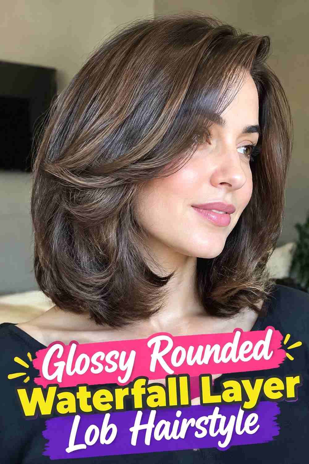 14. Glossy Rounded Waterfall Layer Lob Hairstyle