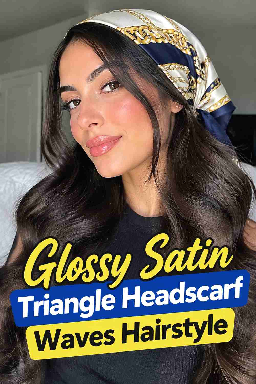 13. Glossy Satin Triangle Headscarf Waves Hairstyle