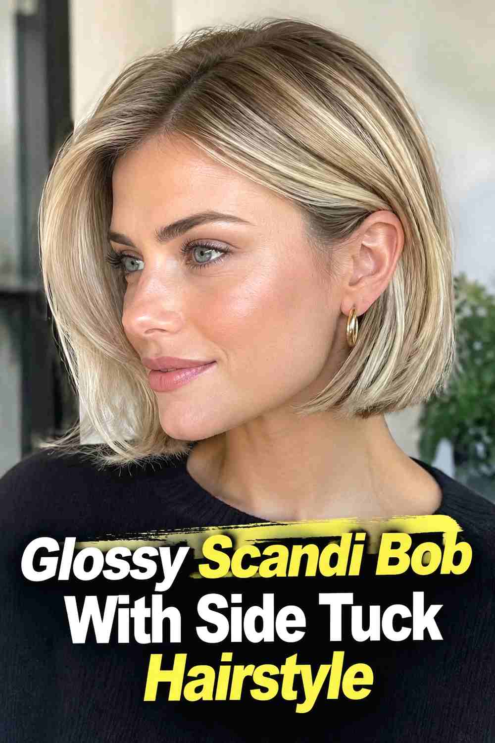 13. Glossy Scandi Bob With Side Tuck Hairstyle