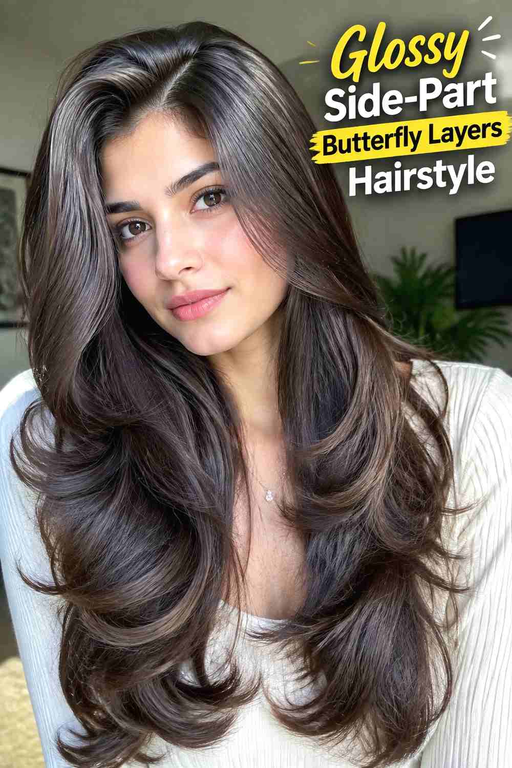 15. Glossy Side Part Butterfly Layers Hairstyle