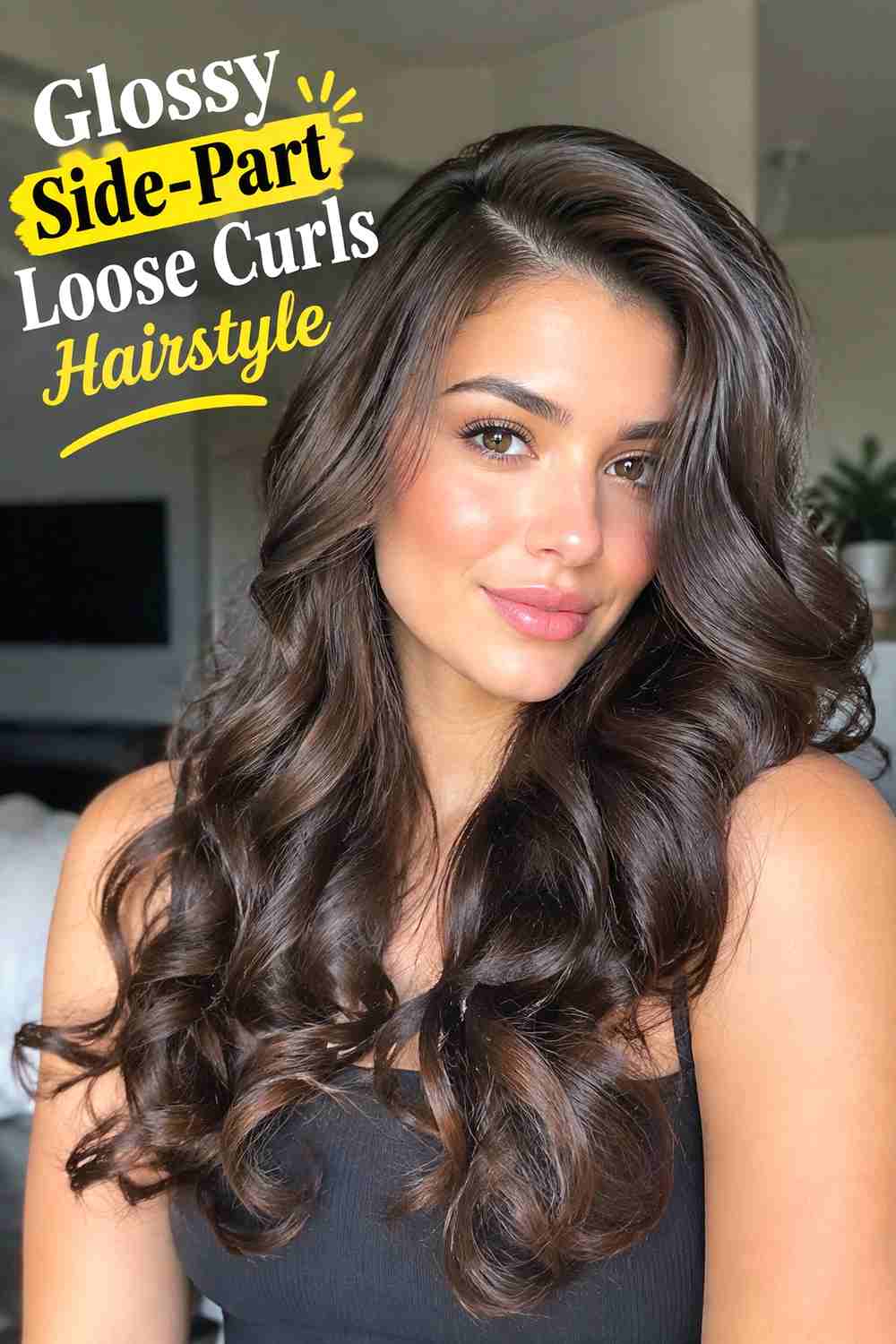 17. Glossy Side Part Loose Curls Hairstyle
