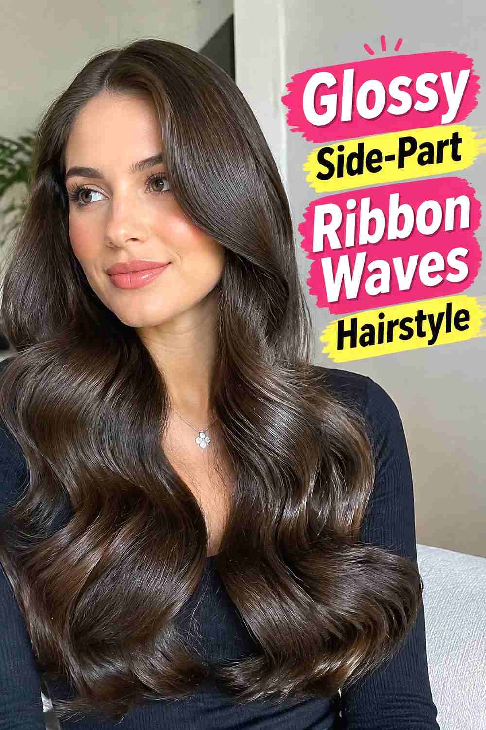 11. Glossy Side Part Ribbon Waves Hairstyle