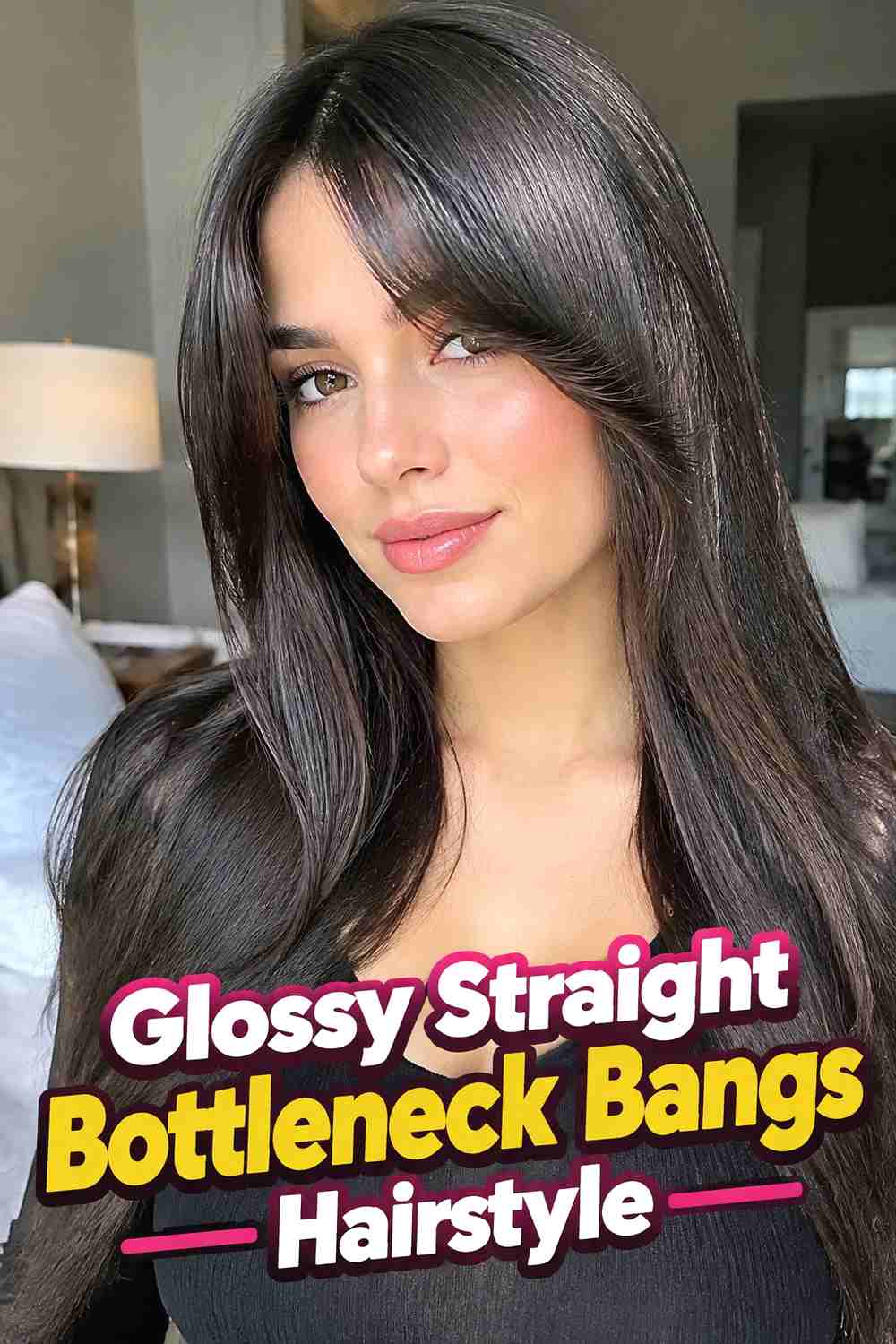 6. Glossy Straight Bottleneck Bangs Hairstyle
