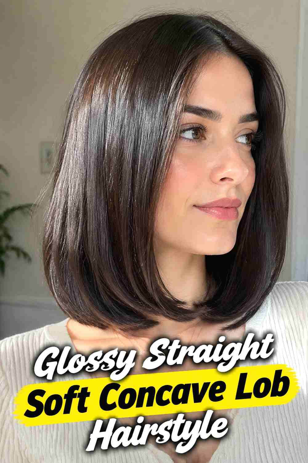12. Glossy Straight Soft Concave Lob Hairstyle
