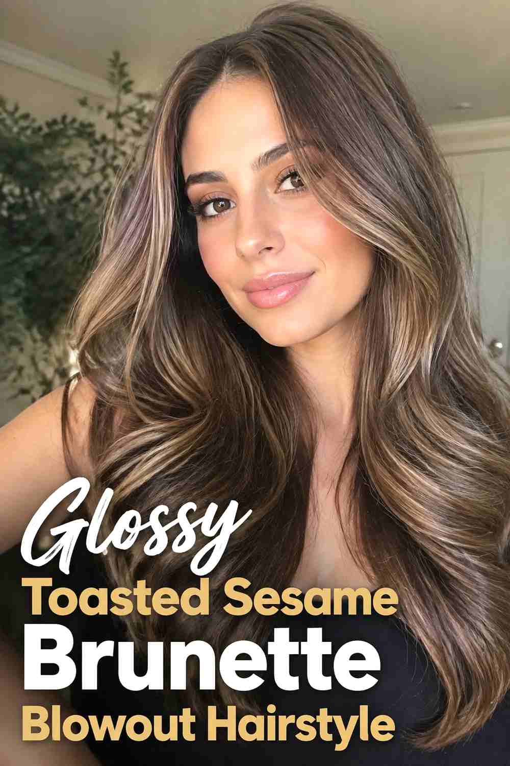 16. Glossy Toasted Sesame Brunette Blowout Hairstyle