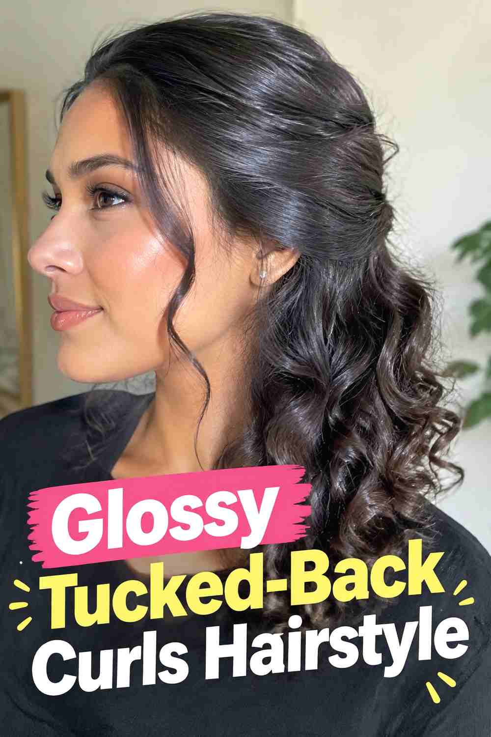12. Glossy Tucked Back Curls Hairstyle