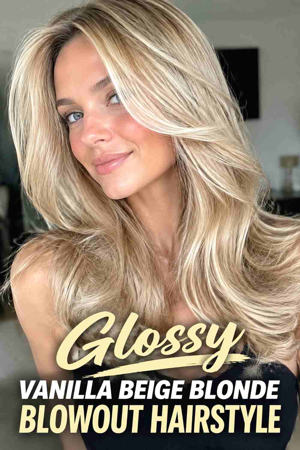 13. Glossy Vanilla Beige Blonde Blowout Hairstyle