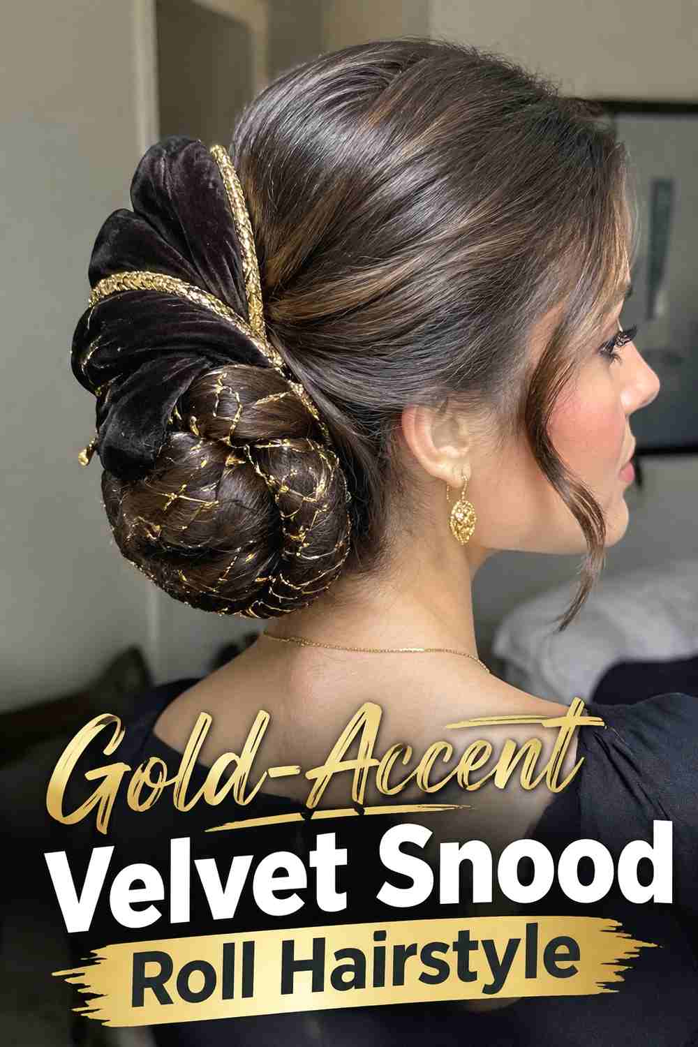 14. Gold Accent Velvet Snood Roll Hairstyle