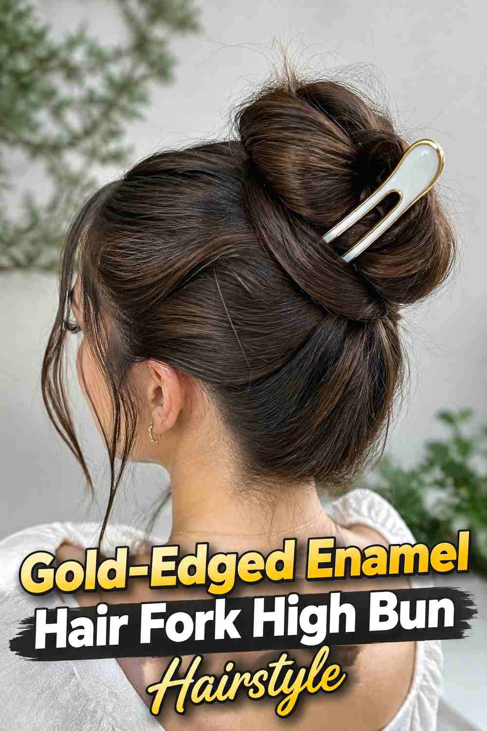 13. Gold Edged Enamel Hair Fork High Bun Hairstyle