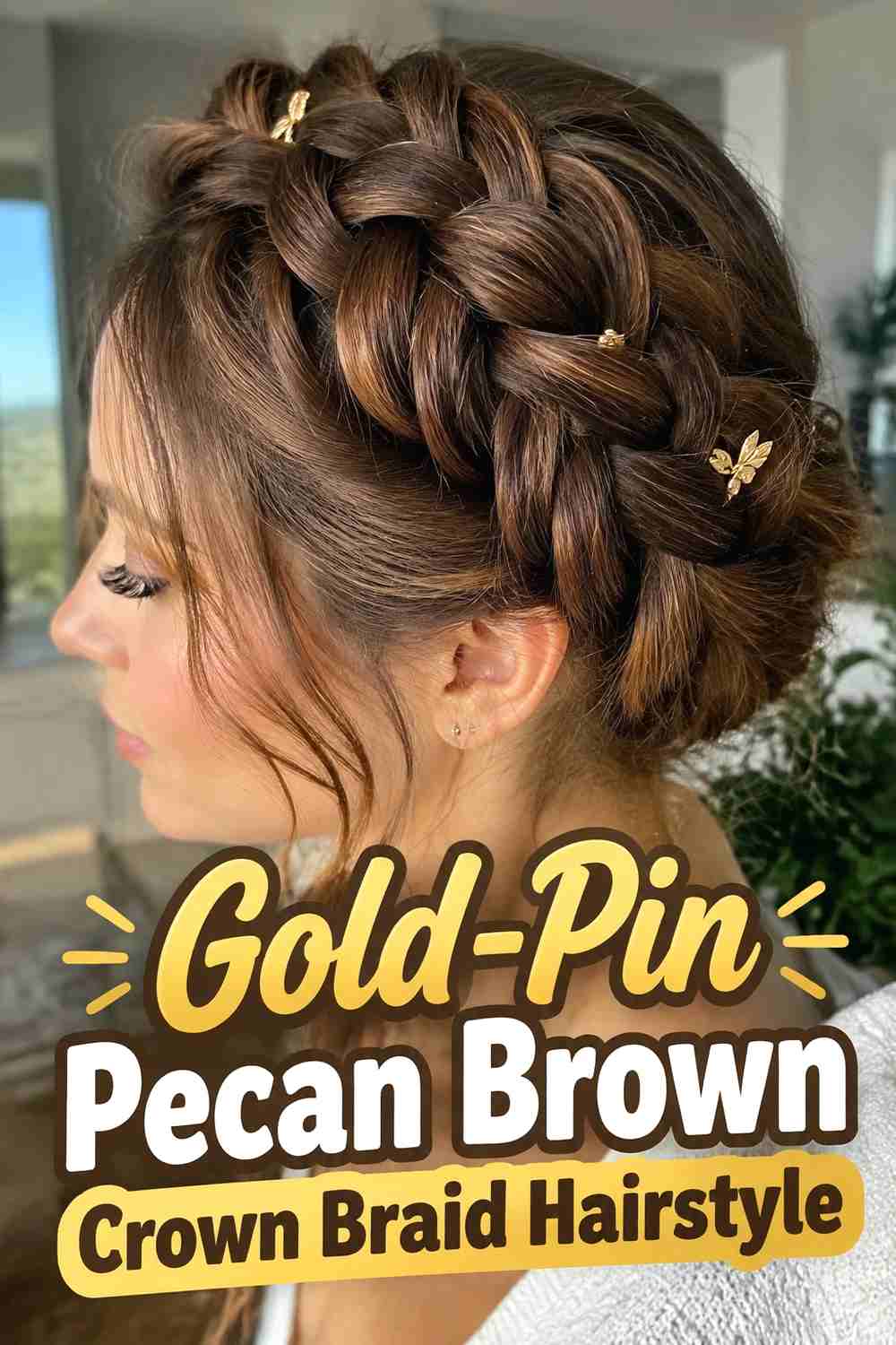 14. Gold Pin Pecan Brown Crown Braid Hairstyle