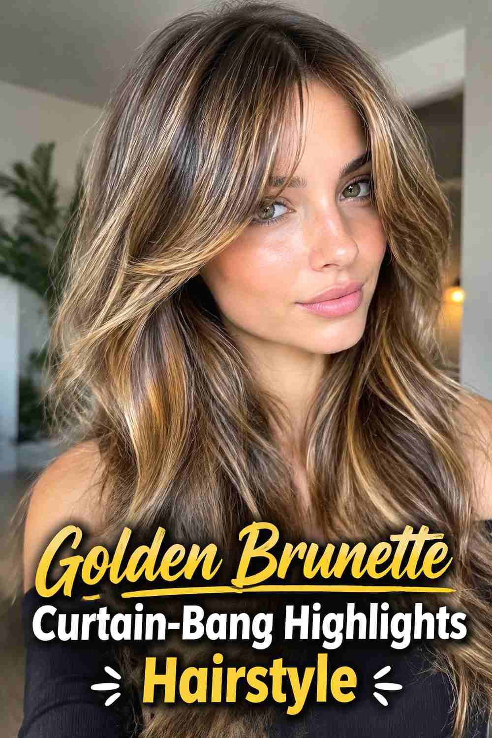 7. Golden Brunette Curtain Bang Highlights Hairstyle