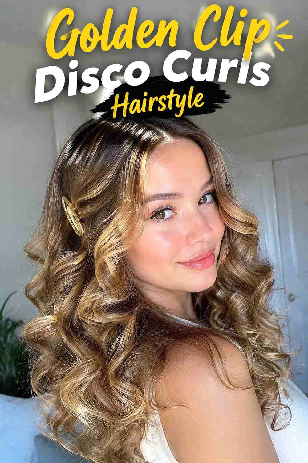 7. Golden Clip Disco Curls Hairstyle