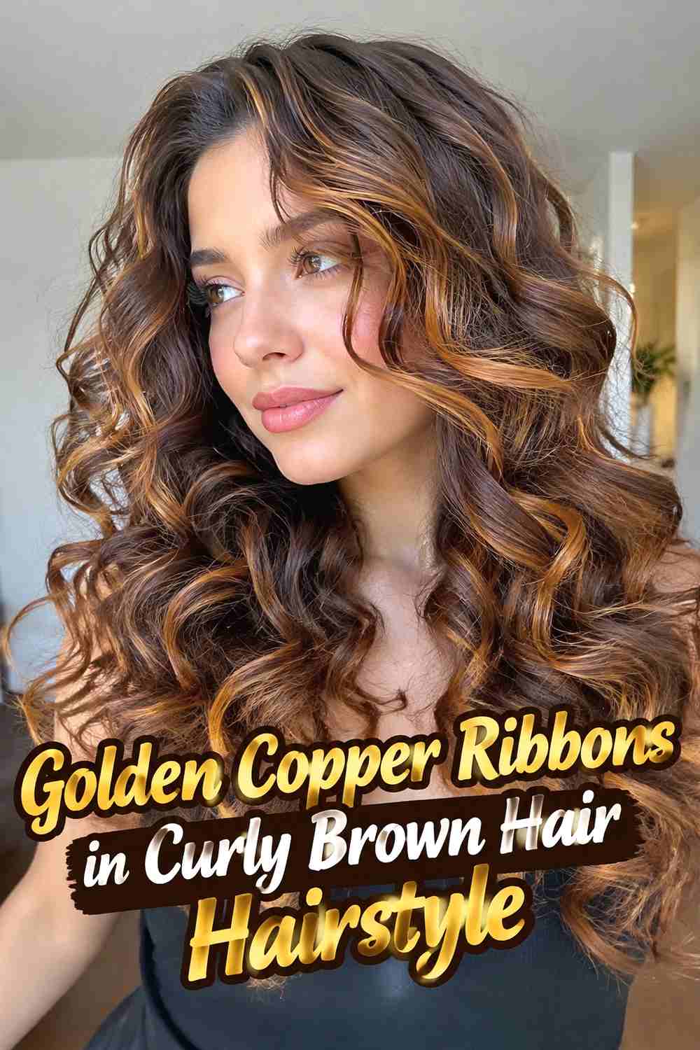 5. Golden Copper Ribbons In Curly Brown Hair Hairstyle