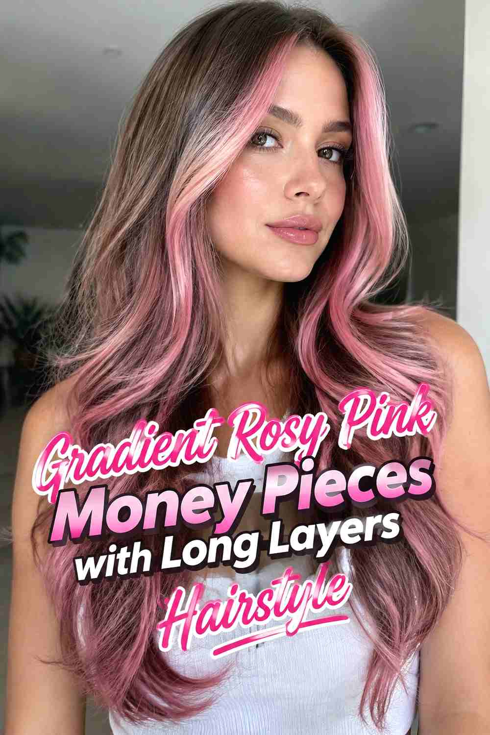 12. Gradient Rosy Pink Money Pieces With Long Layers Hairstyle